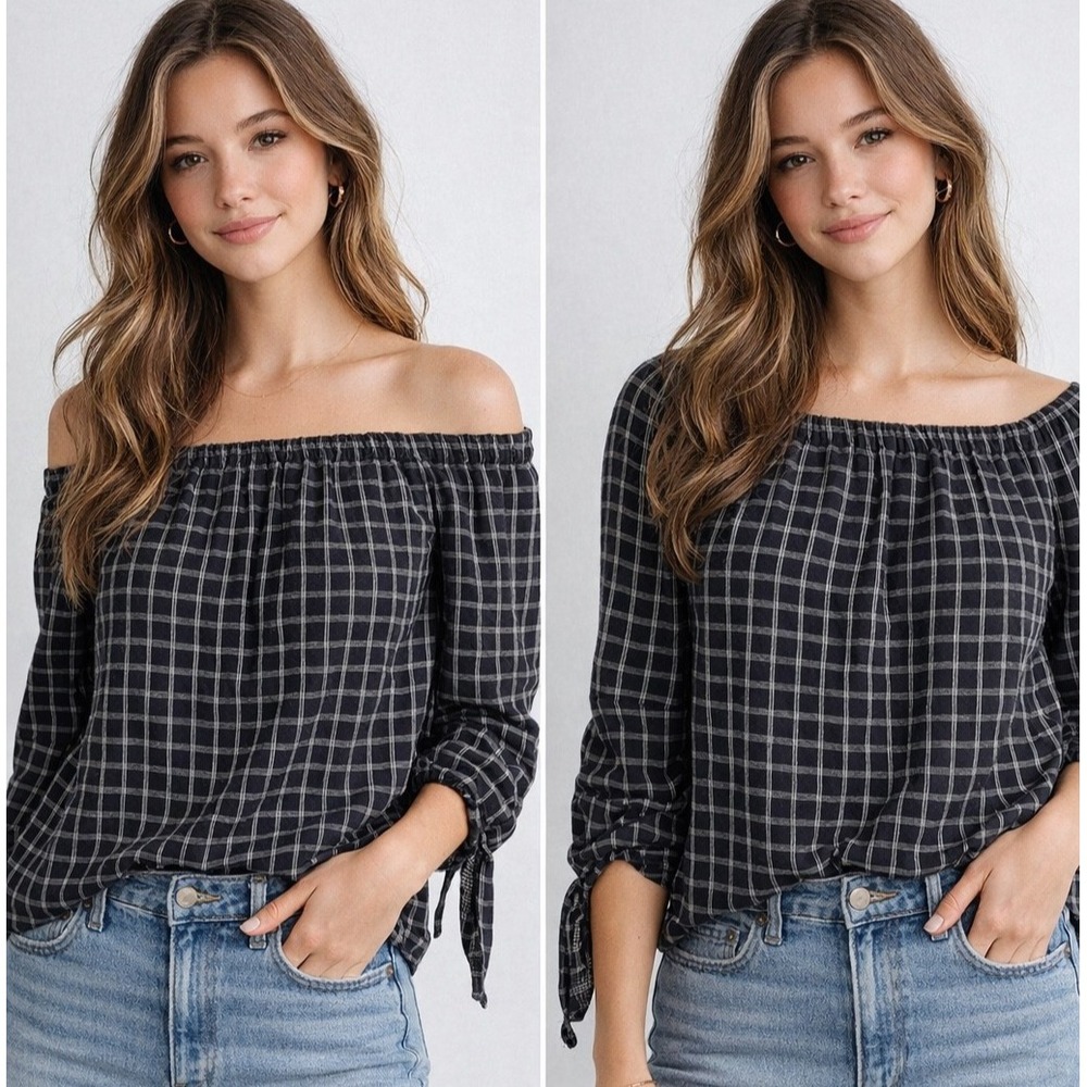 Madewell Plaid Off Shoulder Top Small Black White Cotton 3/4 Sleeve Blouse